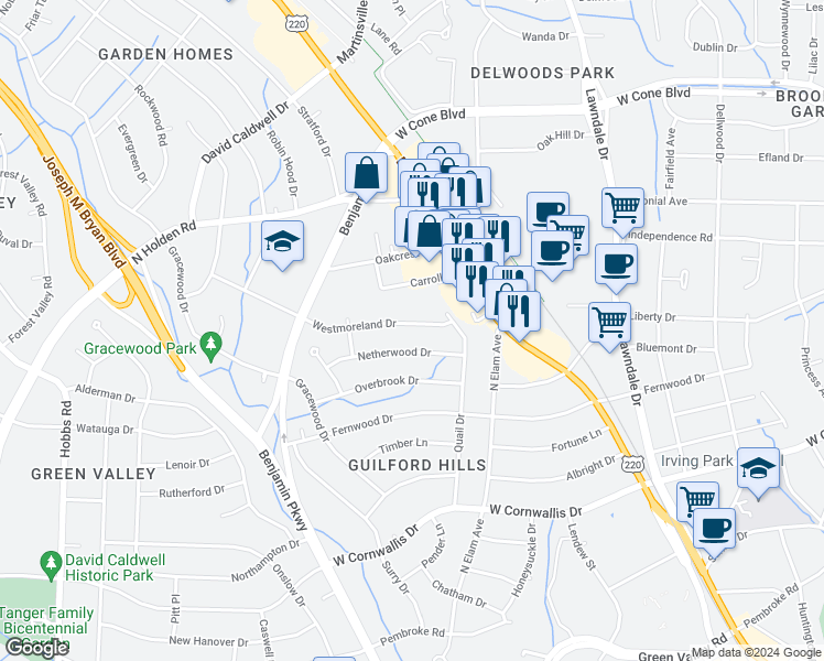 map of restaurants, bars, coffee shops, grocery stores, and more near 2509 Westmoreland Drive in Greensboro