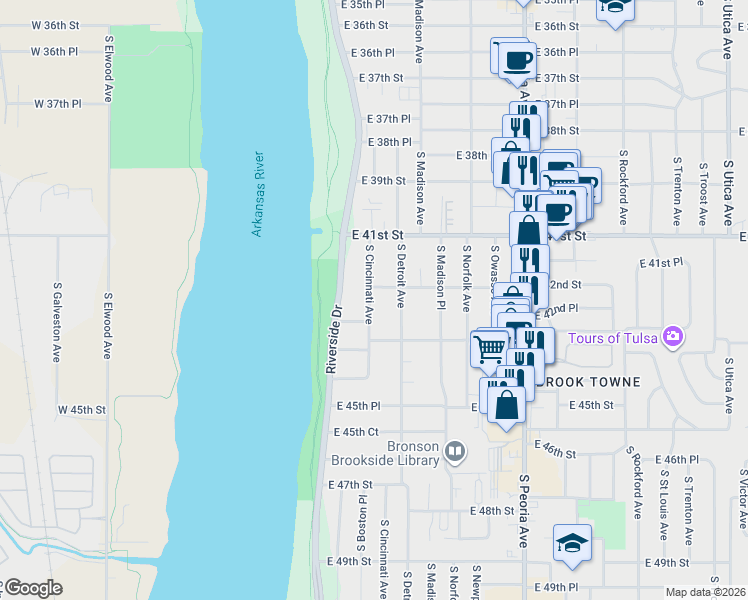 map of restaurants, bars, coffee shops, grocery stores, and more near 4211 South Cincinnati Avenue in Tulsa