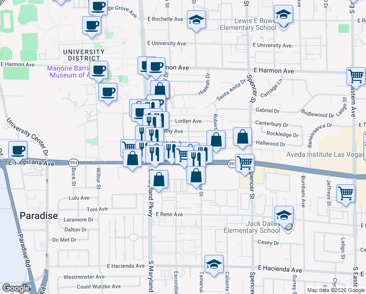 map of restaurants, bars, coffee shops, grocery stores, and more near 1401 Elizabeth Avenue in Las Vegas