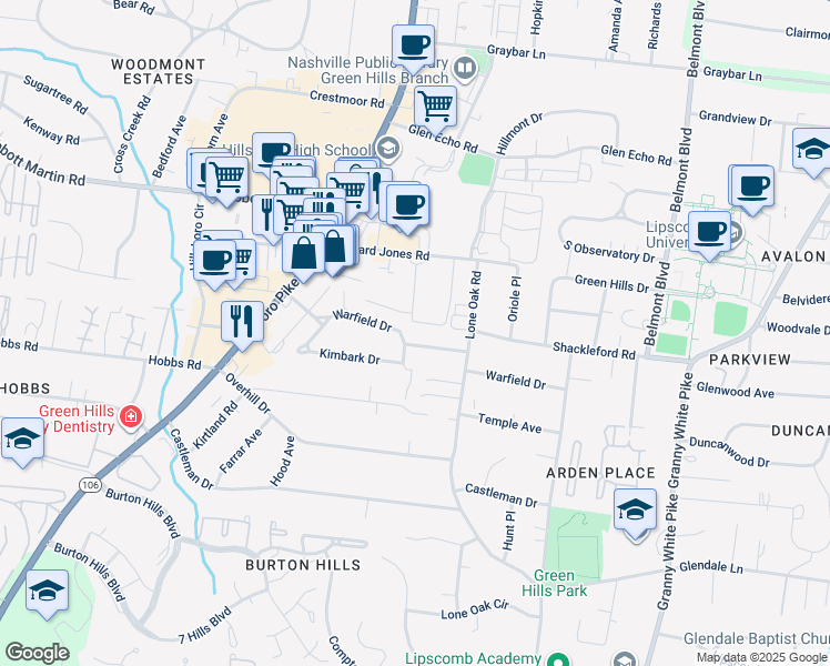 map of restaurants, bars, coffee shops, grocery stores, and more near 1816 Warfield Dr in Nashville