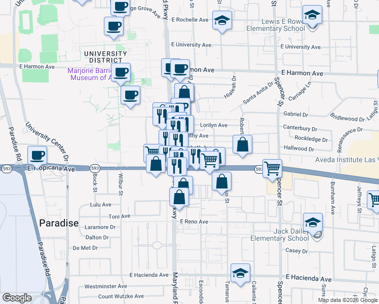 map of restaurants, bars, coffee shops, grocery stores, and more near 1291 Elizabeth Avenue in Las Vegas