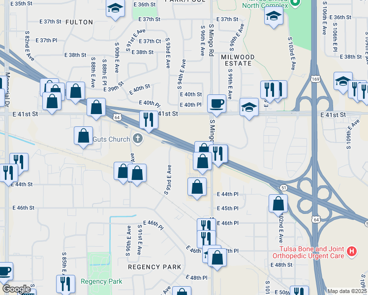 map of restaurants, bars, coffee shops, grocery stores, and more near 9322 Broken Arrow Expressway in Tulsa