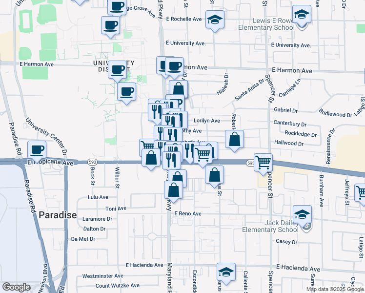 map of restaurants, bars, coffee shops, grocery stores, and more near 1291 Elizabeth Avenue in Las Vegas