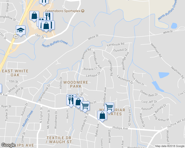 map of restaurants, bars, coffee shops, grocery stores, and more near 2317 Larkspur Drive in Greensboro