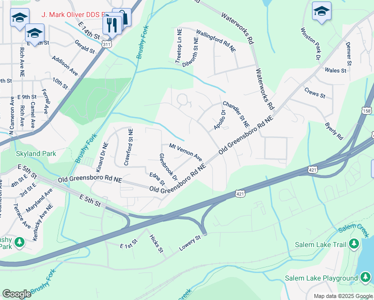 map of restaurants, bars, coffee shops, grocery stores, and more near 616 Mount Vernon Avenue in Winston-Salem