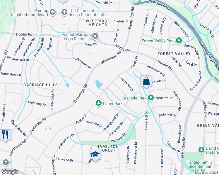 map of restaurants, bars, coffee shops, grocery stores, and more near 1300 Pebble Drive in Greensboro