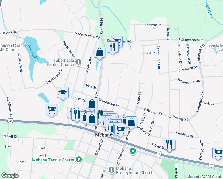 map of restaurants, bars, coffee shops, grocery stores, and more near 510 North 2nd Street in Mebane