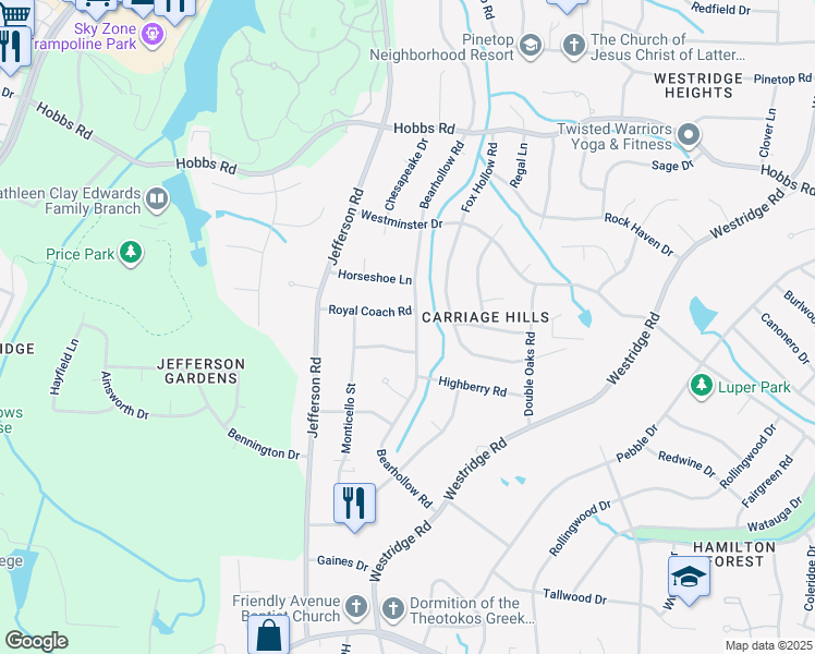 map of restaurants, bars, coffee shops, grocery stores, and more near 1405 Bearhollow Rd in Greensboro