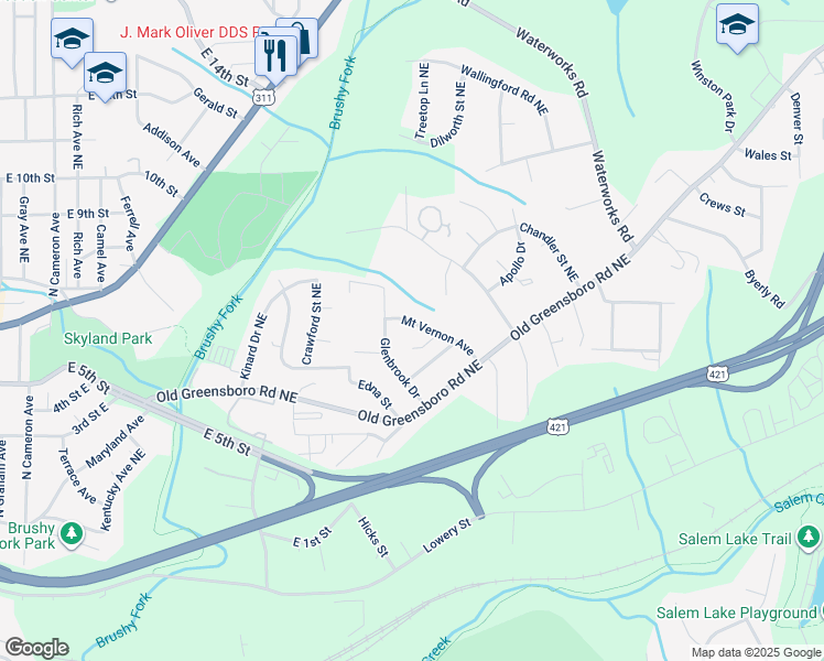 map of restaurants, bars, coffee shops, grocery stores, and more near 638 Mount Vernon Avenue in Winston-Salem