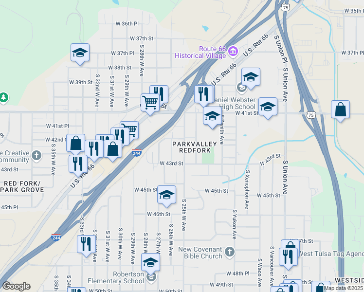 map of restaurants, bars, coffee shops, grocery stores, and more near 4214 South 25th West Avenue in Tulsa