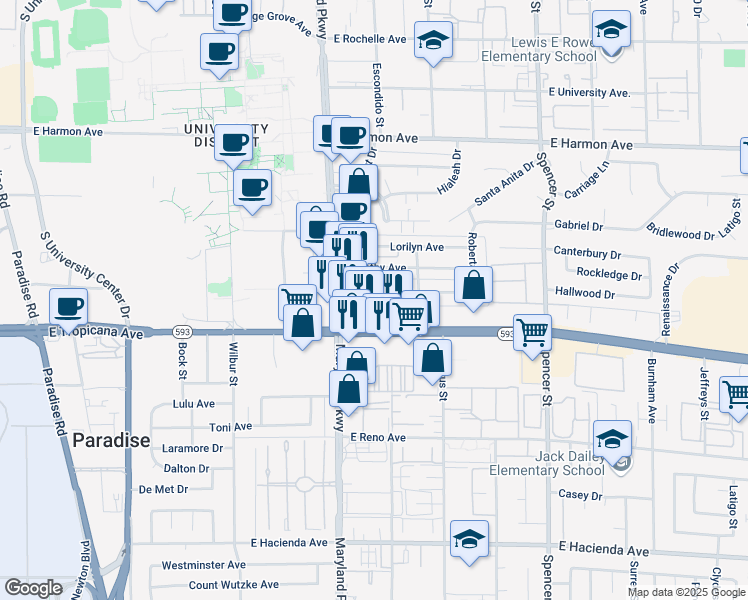 map of restaurants, bars, coffee shops, grocery stores, and more near 1307 Elizabeth Avenue in Las Vegas