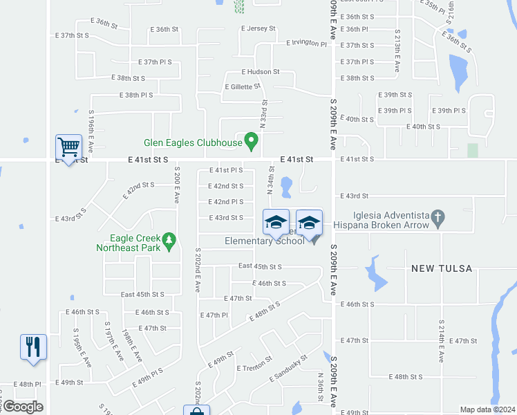 map of restaurants, bars, coffee shops, grocery stores, and more near 4249 South 205th East Avenue in Broken Arrow