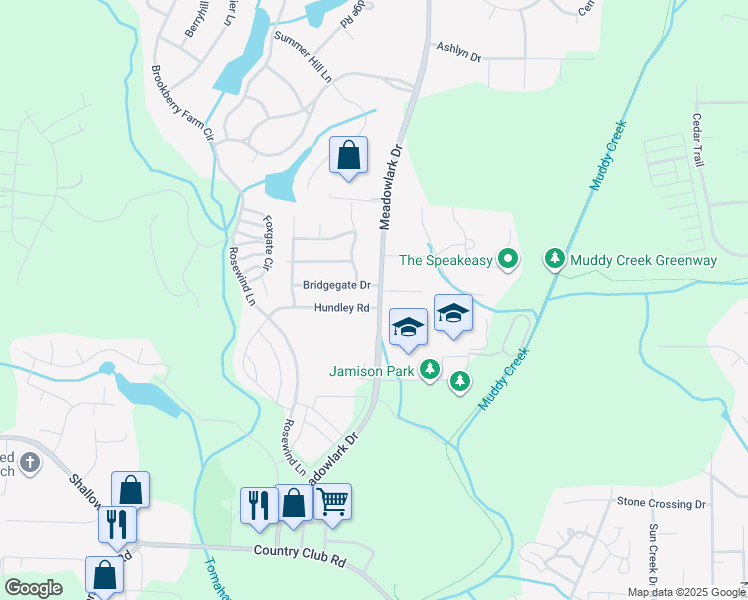 map of restaurants, bars, coffee shops, grocery stores, and more near 5401 Hundley Road in Winston-Salem
