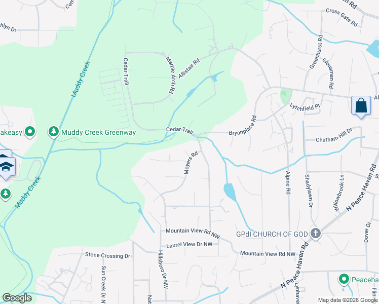 map of restaurants, bars, coffee shops, grocery stores, and more near 301 Beechcliff Court in Winston-Salem