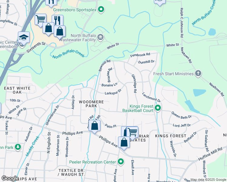 map of restaurants, bars, coffee shops, grocery stores, and more near 2319 Larkspur Drive in Greensboro