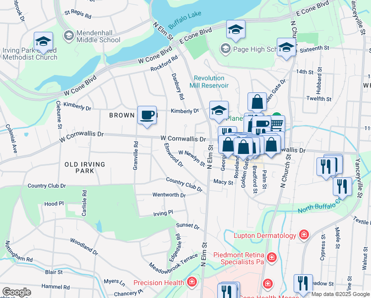 map of restaurants, bars, coffee shops, grocery stores, and more near 2101 Wrenn Street in Greensboro