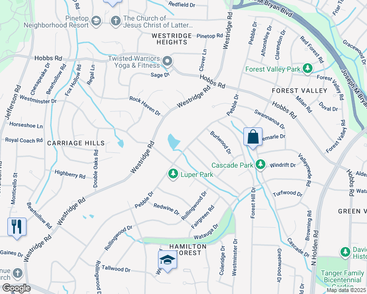 map of restaurants, bars, coffee shops, grocery stores, and more near 1299 Pebble Drive in Greensboro