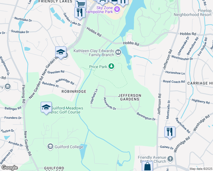 map of restaurants, bars, coffee shops, grocery stores, and more near 5408 Ainsworth Drive in Greensboro
