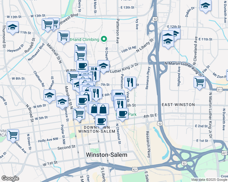 map of restaurants, bars, coffee shops, grocery stores, and more near 601 North Chestnut Street in Winston-Salem