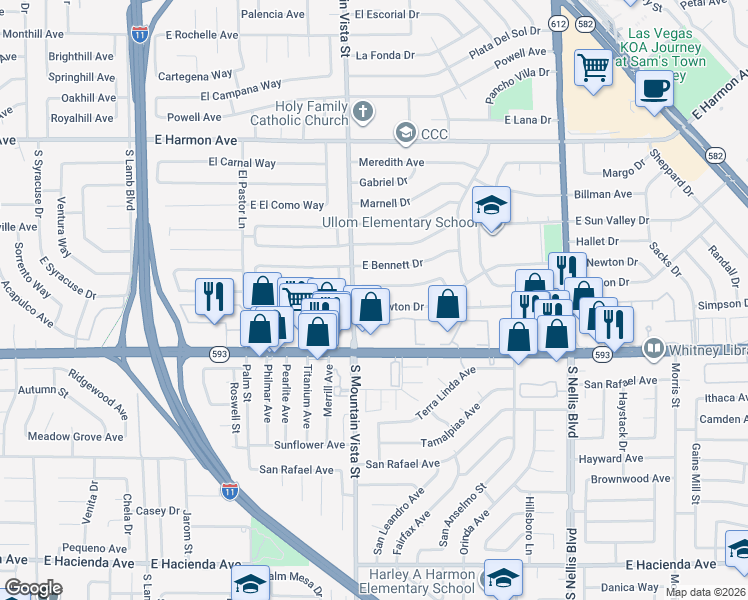 map of restaurants, bars, coffee shops, grocery stores, and more near 4648 East Newton Drive in Las Vegas