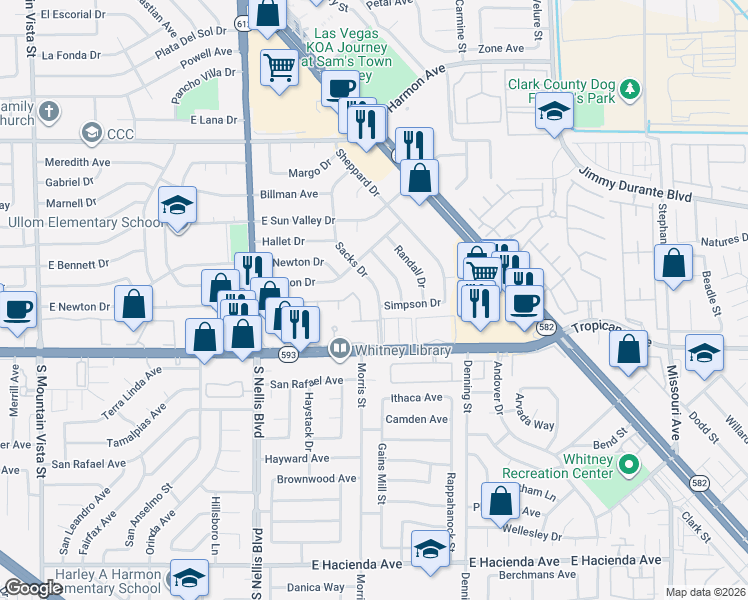 map of restaurants, bars, coffee shops, grocery stores, and more near 4817 Sacks Drive in Las Vegas