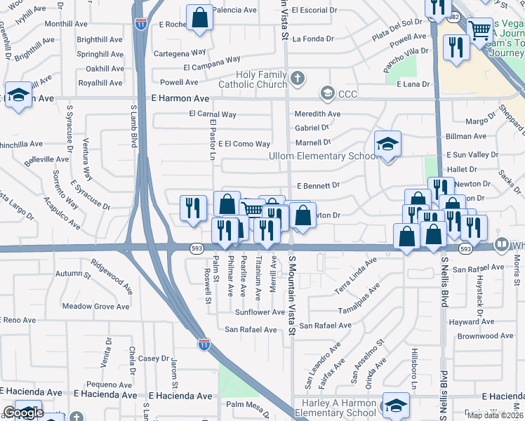map of restaurants, bars, coffee shops, grocery stores, and more near 4504 East Newton Drive in Las Vegas