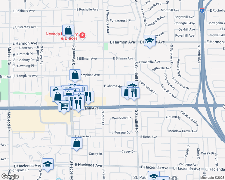 map of restaurants, bars, coffee shops, grocery stores, and more near 4784 South Chama Place in Las Vegas