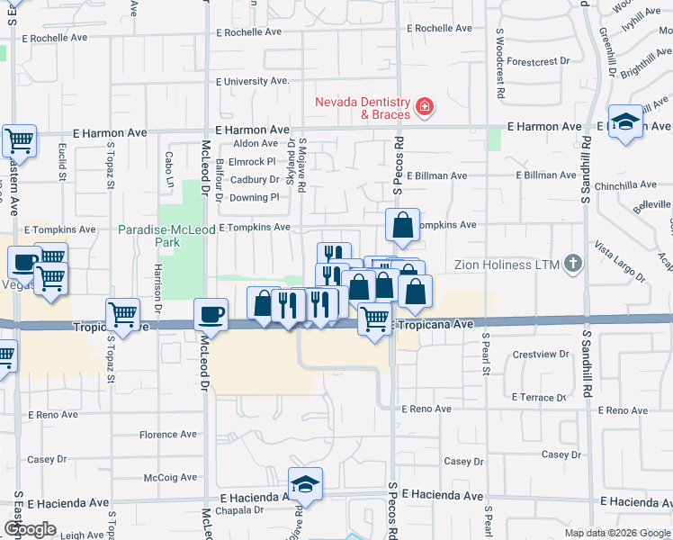 map of restaurants, bars, coffee shops, grocery stores, and more near 4798 Woodridge Road in Las Vegas