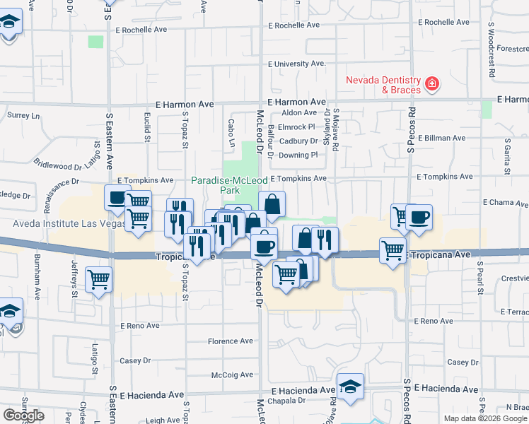 map of restaurants, bars, coffee shops, grocery stores, and more near in Paradise