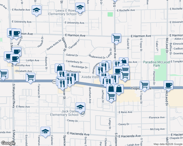 map of restaurants, bars, coffee shops, grocery stores, and more near 2049 Hallwood Drive in Las Vegas