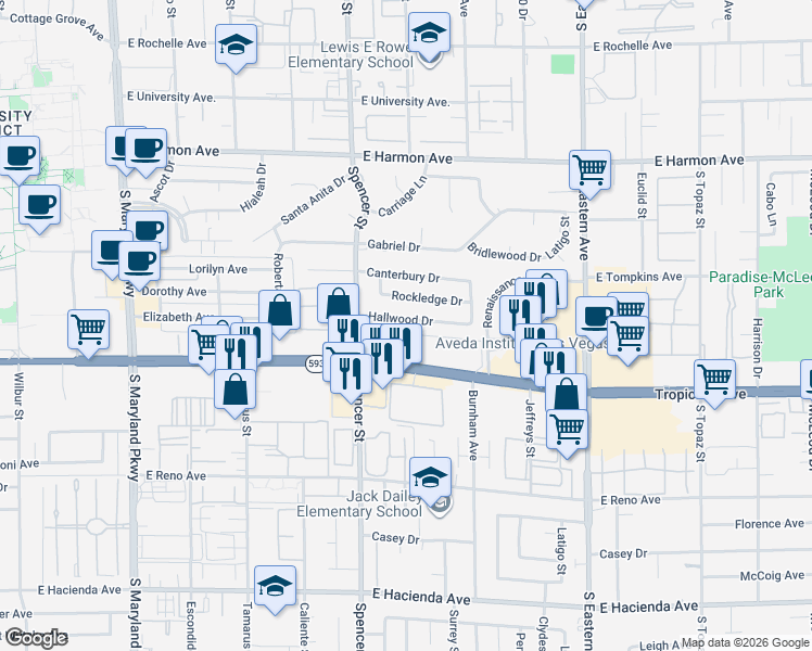 map of restaurants, bars, coffee shops, grocery stores, and more near 1879 Hallwood Drive in Las Vegas