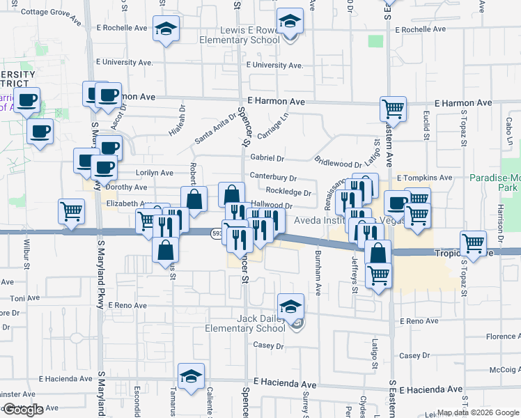 map of restaurants, bars, coffee shops, grocery stores, and more near 1879 Hallwood Drive in Las Vegas