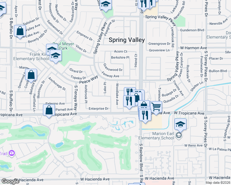 map of restaurants, bars, coffee shops, grocery stores, and more near 4777 Woodlake Avenue in Las Vegas
