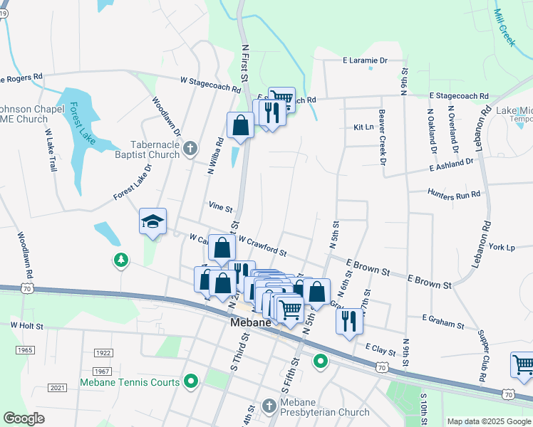 map of restaurants, bars, coffee shops, grocery stores, and more near 510 North 2nd Street in Mebane
