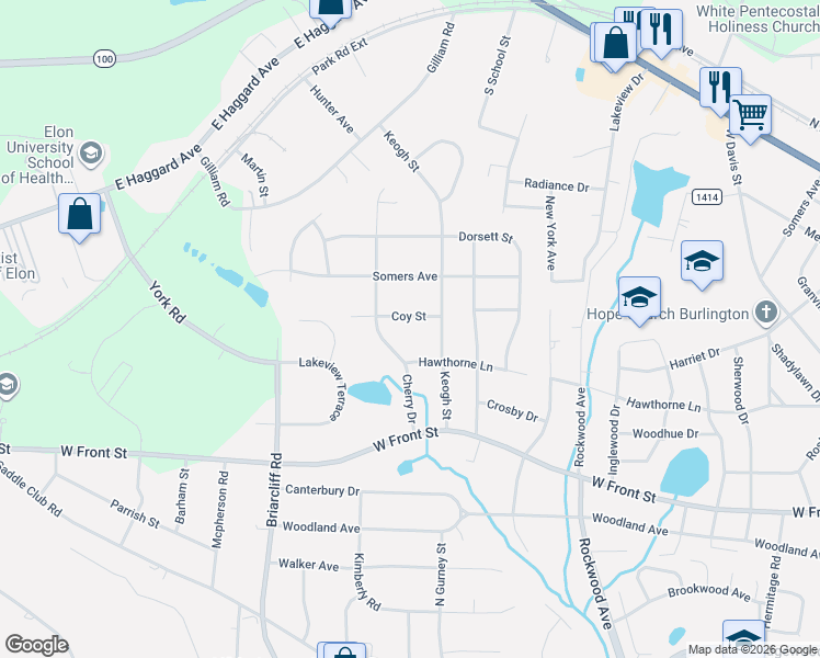 map of restaurants, bars, coffee shops, grocery stores, and more near 2118 Coy Street in Burlington