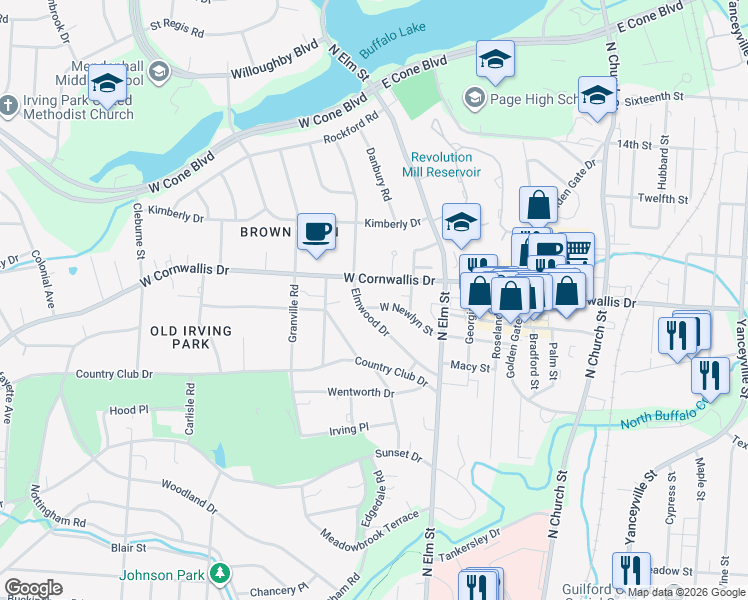 map of restaurants, bars, coffee shops, grocery stores, and more near 212 West Newlyn Street in Greensboro