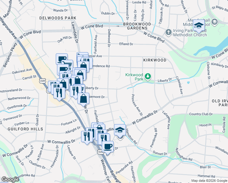 map of restaurants, bars, coffee shops, grocery stores, and more near 2316 Dellwood Drive in Greensboro