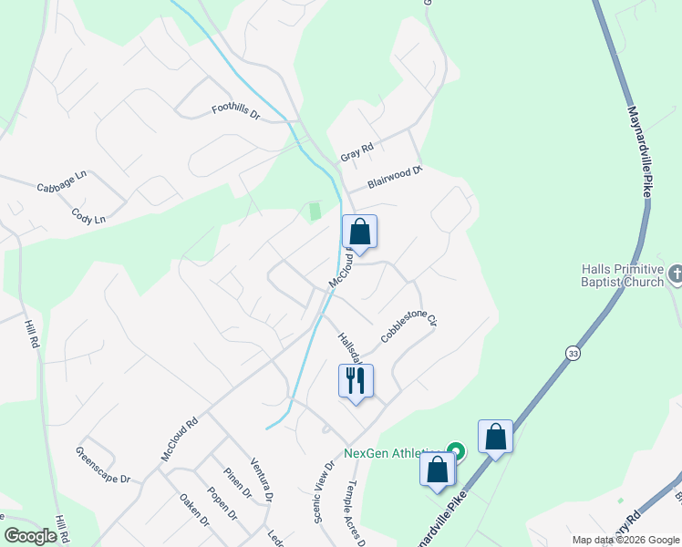 map of restaurants, bars, coffee shops, grocery stores, and more near 4505 McCloud Road in Knoxville
