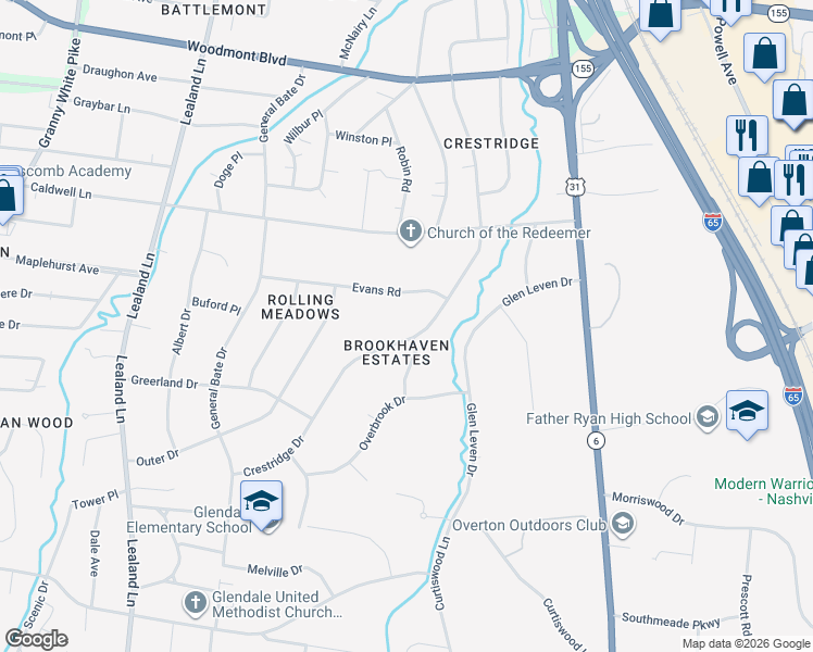 map of restaurants, bars, coffee shops, grocery stores, and more near 4009 Crestridge Drive in Nashville