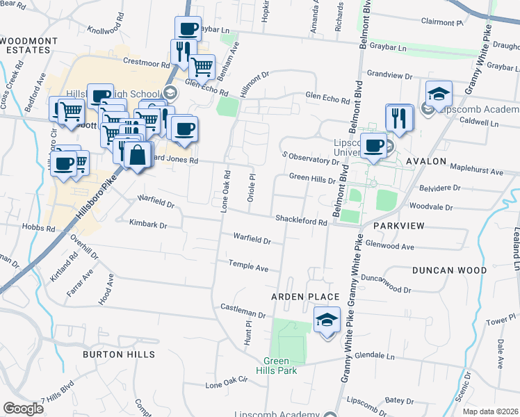 map of restaurants, bars, coffee shops, grocery stores, and more near 1804 Shackleford Road in Nashville
