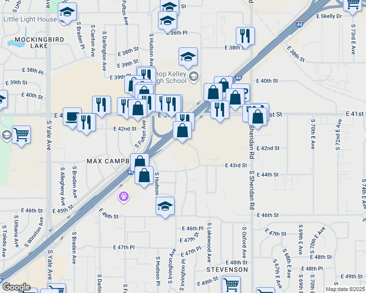 map of restaurants, bars, coffee shops, grocery stores, and more near 5810 E Skelly Dr in Tulsa