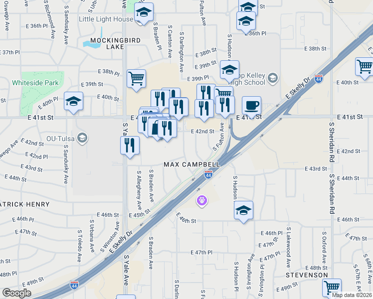 map of restaurants, bars, coffee shops, grocery stores, and more near 4245 South Darlington Avenue in Tulsa