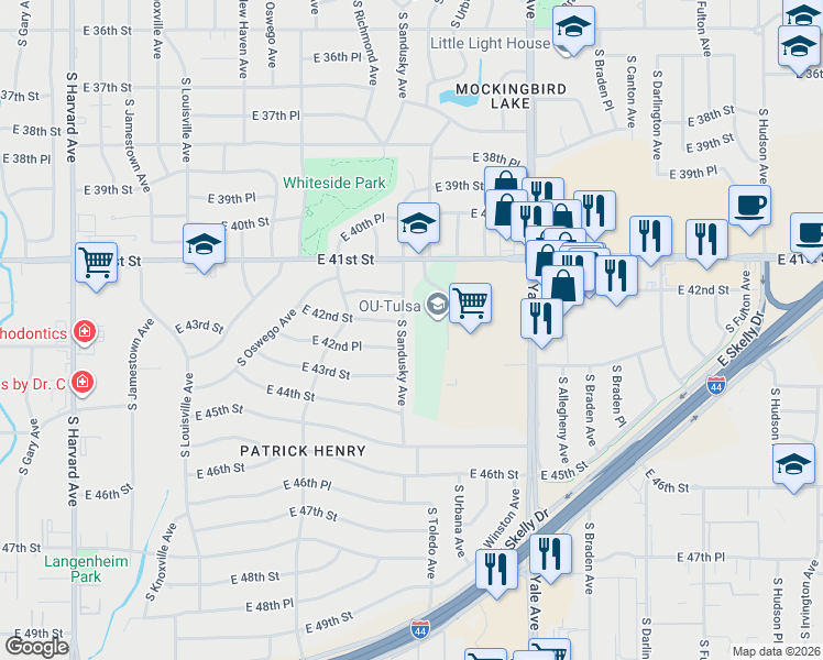 map of restaurants, bars, coffee shops, grocery stores, and more near 4502 East 41st Street in Tulsa