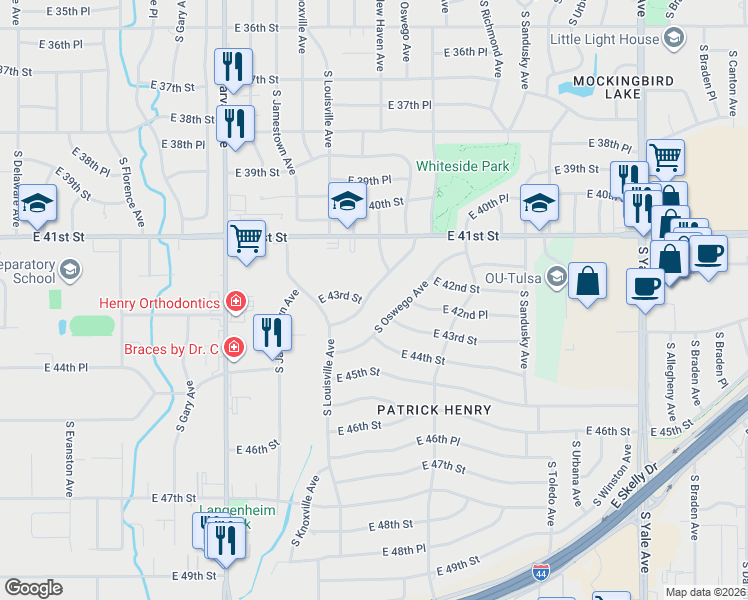 map of restaurants, bars, coffee shops, grocery stores, and more near 4183 South New Haven Place in Tulsa