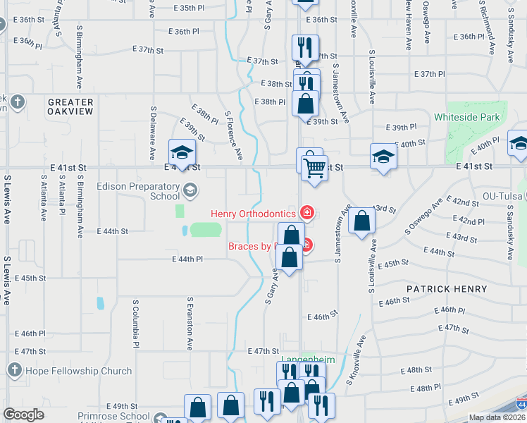 map of restaurants, bars, coffee shops, grocery stores, and more near 3135 East 44th Street in Tulsa