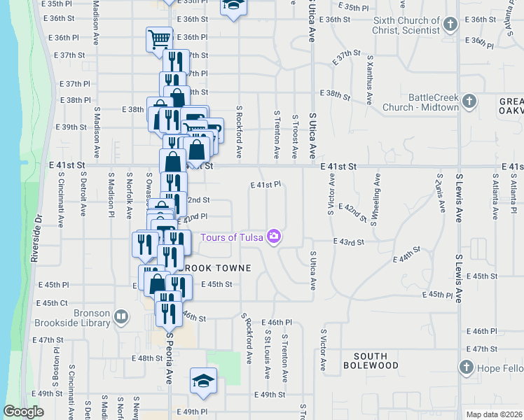 map of restaurants, bars, coffee shops, grocery stores, and more near 4166 South Saint Louis Avenue in Tulsa