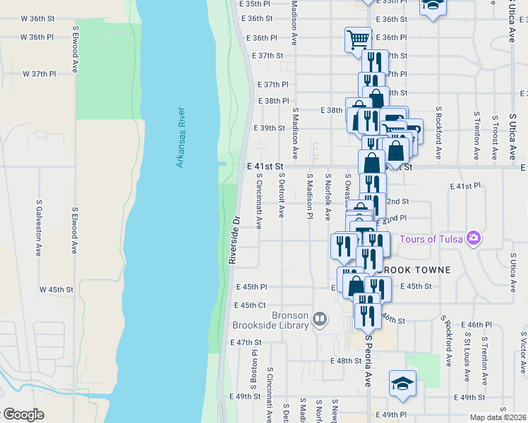 map of restaurants, bars, coffee shops, grocery stores, and more near 4211 South Cincinnati Avenue in Tulsa