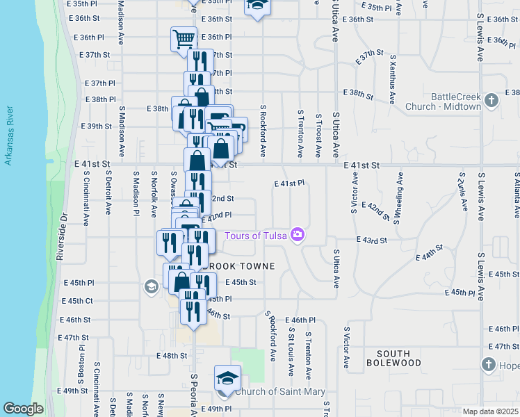 map of restaurants, bars, coffee shops, grocery stores, and more near 4213 South Rockford Avenue in Tulsa