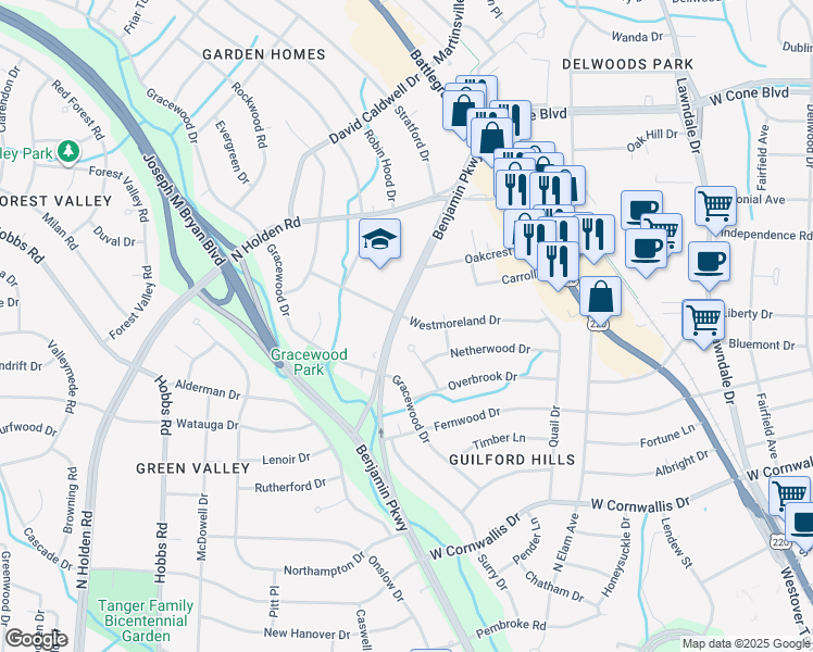 map of restaurants, bars, coffee shops, grocery stores, and more near 2607 Westmoreland Drive in Greensboro