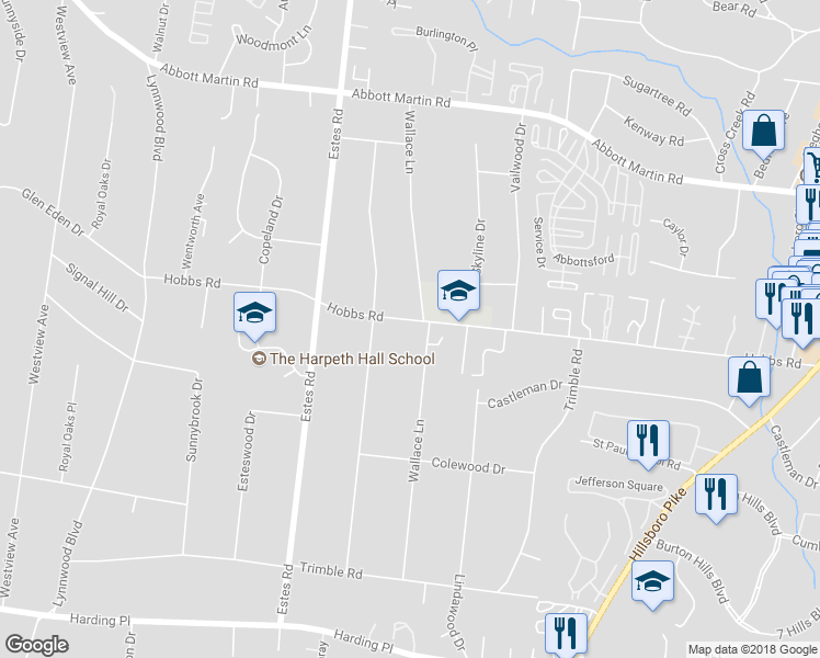 map of restaurants, bars, coffee shops, grocery stores, and more near 3605 Hobbs Road in Nashville